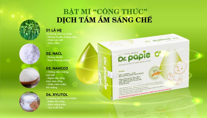 Dr.Papie là gạc răng miệng đầu tiên được tẩm sẵn dịch chiết lá hẹ, xylitol, Muối, NaHCO3