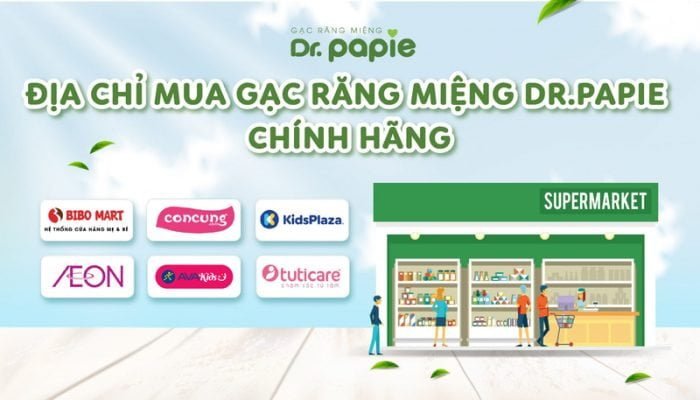 Gạc răng miệng Dr.Papie được bán tại các hệ thống siêu thị và shop mẹ bé lớn nhỏ trên toàn quốc