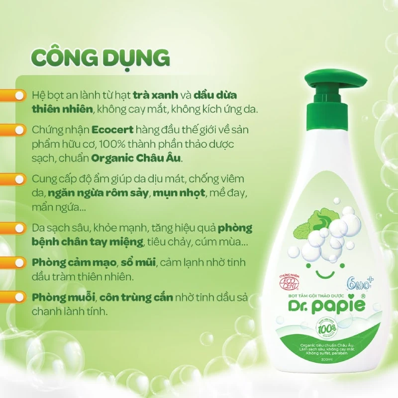 Dr.Papie ra mắt Bọt tắm gội thảo dược 6MO+ với công nghệ chiết xuất bọt hạt trà thiên nhiên được nhiều mẹ Việt yêu thích . 6 Công dụng vượt trội từ bọt tắm gội thảo dược Dr.Papie
