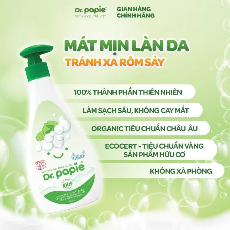 Dr.Papie ra mắt Bọt tắm gội thảo dược 6MO+ với công nghệ chiết xuất bọt hạt trà thiên nhiên được nhiều mẹ Việt yêu thích . Nguyên liệu 100% thiên nhiên, mát mịn làn da con.