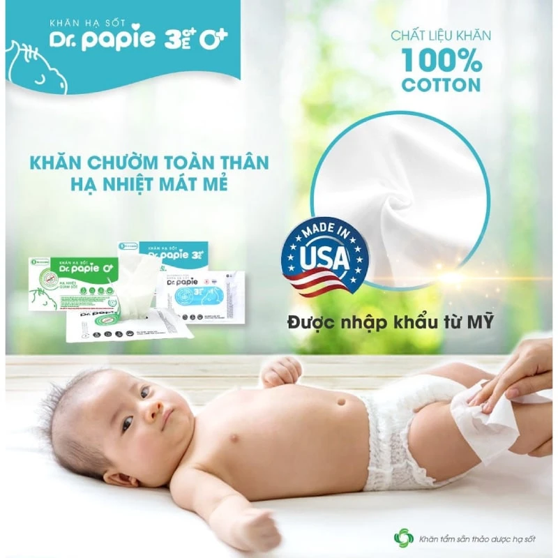 Khăn hạ sốt Dr.Papie là sản phẩm khăn ẩm được tẩm sẵn dịch chiết thảo dược hạ sốt Khăn hạ sốt Dr.Papie là sản phẩm khăn ẩm được tẩm sẵn dịch chiết thảo dược hạ sốt