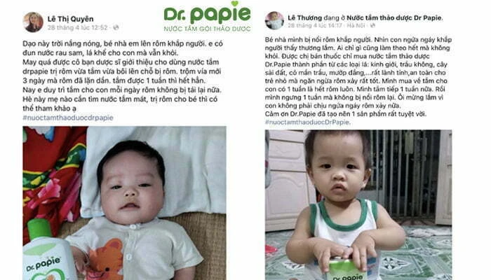 Nước tắm Dr.Papie chỉ sau 5 ngày bé hết rôm sảy kèm review chân thực Phản hồi của mẹ Quyên và Thương về nước tắm Dr.Papie dành cho bé rôm sảy