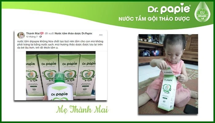 Sữa tắm thảo dược Dr.Papie có tốt không? Review từ mẹ thông thái Mẹ Thành mai chia sẻ: “Nước tắm Dr.Papie không hóa chất tạo bọt nên tắm cho con không cần tráng lại nước thường. Đặc biệt, mùi hương thảo dược cũng lưu lại trên da bé rất, tắm cho bé rất thích”