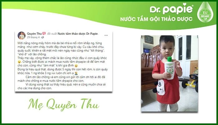 Sữa tắm thảo dược Dr.Papie có tốt không? Review từ mẹ thông thái Mẹ Quyên Thu chia sẻ:”Bé tắm Dr.Papie có 5 ngày thôi đã hết rôm sảy, chị rất thích và cảm ơn món quà này của anh chồng quốc dân”