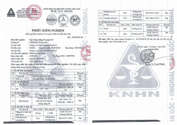 Thông báo về việc một số hộp Gạc răng miệng Dr.Papie lô 032022 Phiếu kiểm nghiệm chất lượng sản phẩm Gạc răng miệng Dr.Papie lô 032022