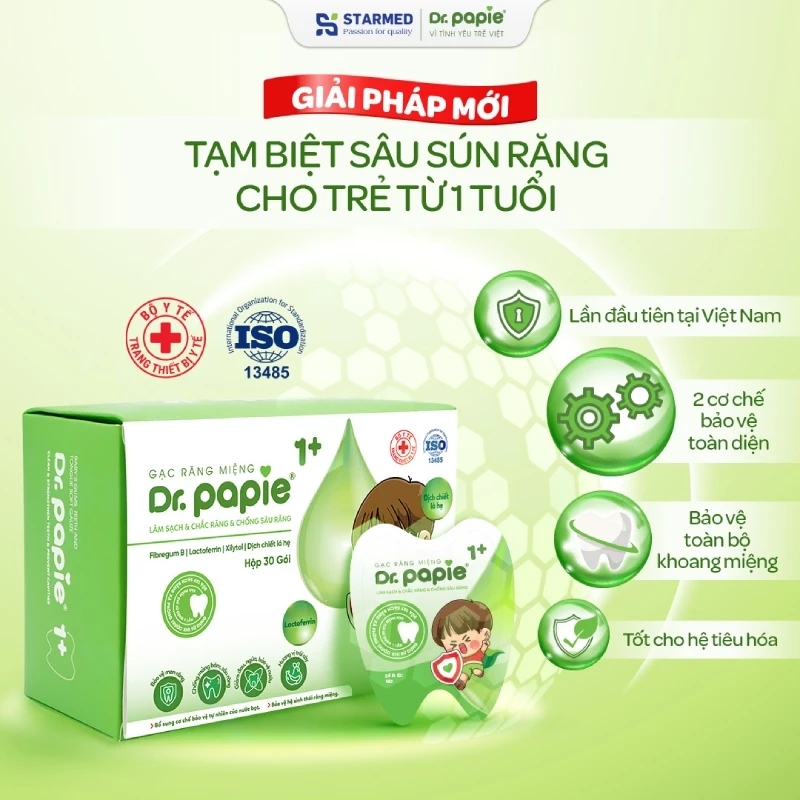 Gạc chống sâu sún răng Dr.Papie 1+ Gạc răng miệng Dr.Papie 1+ ngăn ngừa sâu sún răng