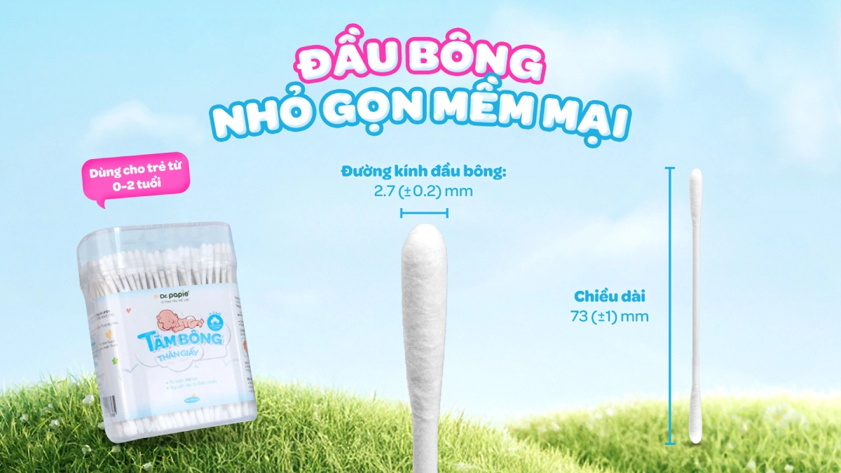 Tăm bông thân giấy Dr.Papie (cho bé 0–2 tuổi) Đầu bông tròn