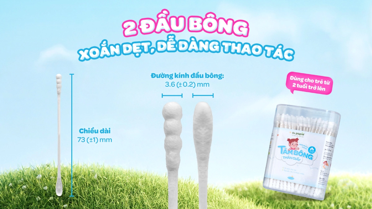 Tăm bông thân giấy Dr.Papie (cho bé 2+ tuổi) Đầu bông xoắn dẹt