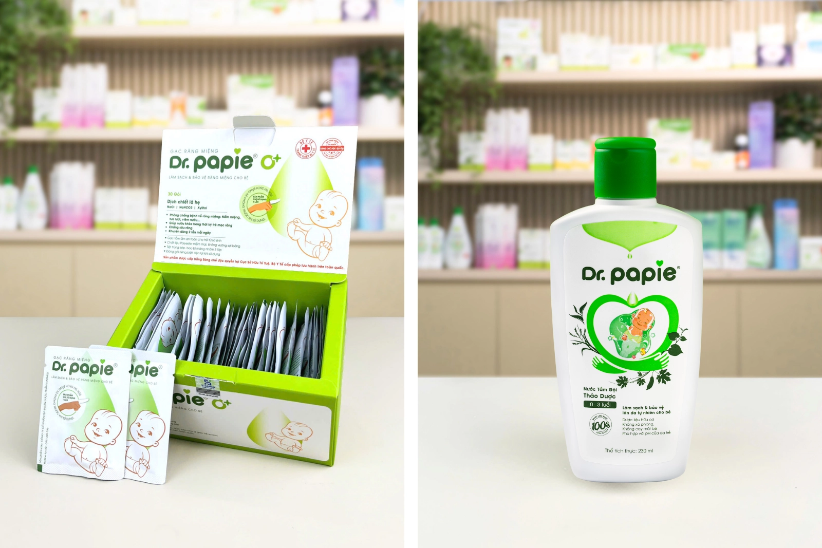 Gợi ý bộ sản phẩm thiết yếu cho mẹ bầu đi sinh Gạc răng miệng và nước tắm thảo dược Dr.Papie – hai sản phẩm vệ sinh thiết yếu cho trẻ sơ sinh.